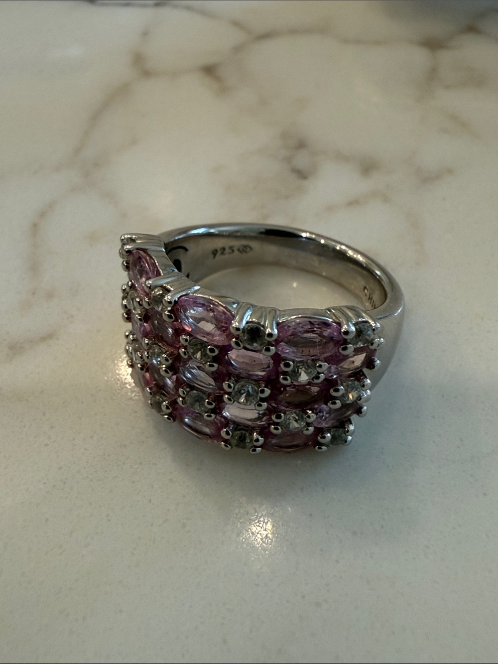 Silver ring with checkerboard of pink and white stones, size 8